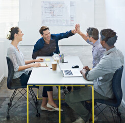 Architect, meeting and people with high five in office for business deal, partnership or agreement....