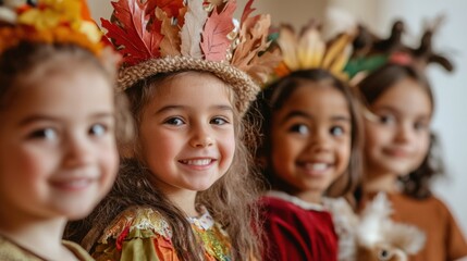 A group of children wearing different colored leaves on their heads, AI