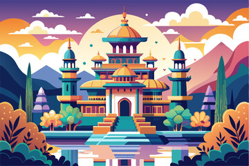 Colorful Illustration of a Grand Palace with Minarets and a Pool