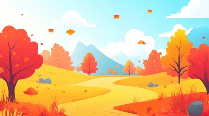 A cartoon landscape with a road and trees, AI