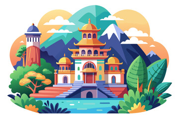 A Colorful Pagoda in a Mountainous Landscape with a River