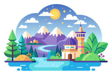 Colorful Illustration of a Landscape with a Tower and Mountains
