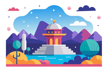 A Flat-Design Illustration of a Pagoda in a Mountainous Landscape with a Lake