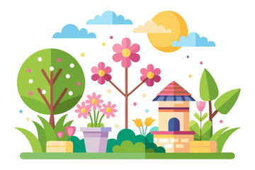 Colorful illustration of a charming cottage garden with flowers and trees