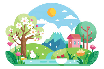 A Colorful Springtime Scene with a House, Flowers, and a Bird