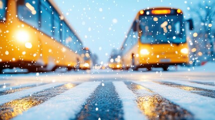 A winter scene featuring yellow buses on a snowy street, highlighting the essence of urban transportation in cold weather.