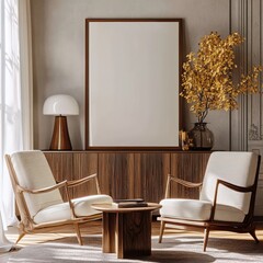 Empty Frame Mockup, Wall Art Template Blank Poster Print Artwork Product Placement, Mid-Century Home Interior