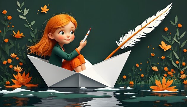 A delightful and imaginative scene of a young girl in an orange outfit, sitting in a beautifully decorated paper boat. 275