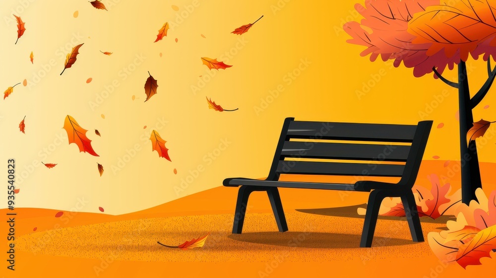 Wall mural Experience a peaceful autumn scene with vibrant leaves dancing around a cozy, empty bench in a charming flat design.