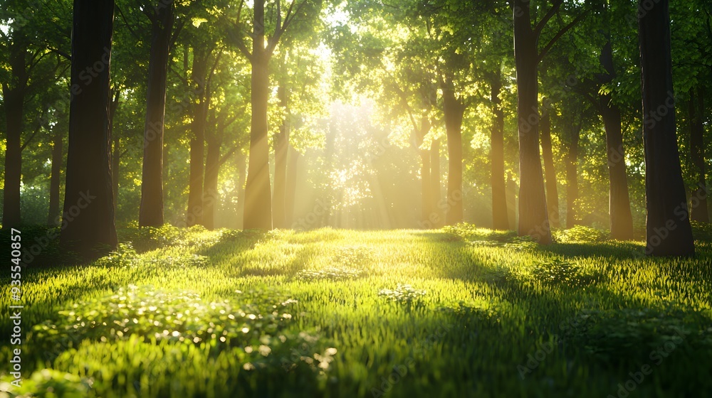 Poster 36. beautiful 3d representation of a sunlit forest glade with rich textures and shadows, set against