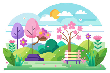 A Colorful Springtime Scene with a Bench and Blooming Trees