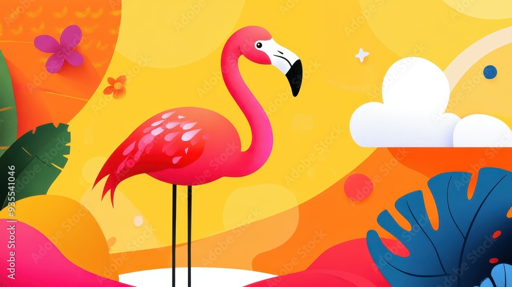 Wall mural Bright, fun flamingo art adds a playful touch to any space with its colorful, modern design and whimsical charm.