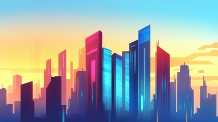 Immerse yourself in a vibrant futuristic skyline, illuminated by neon lights and crafted with sleek flat design.