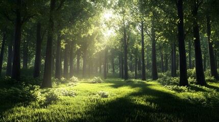 36. Beautiful 3D representation of a sunlit forest glade with rich textures and shadows, set against a pristine background