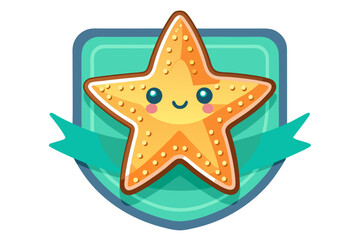 Cute Cartoon Starfish with Smiling Face in a Green Shield