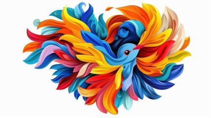 Fototapeta premium Bright and fun flat art showcases a swirling heart with a cheerful bird, bursting with color and playful texture.