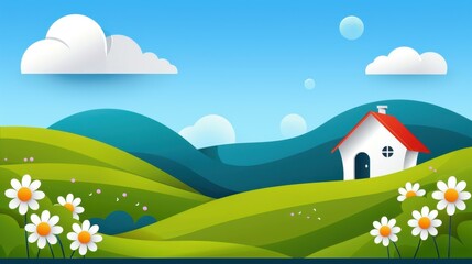 Naklejka premium Experience tranquility with a vibrant spring scene, showcasing joyful daisies amidst lush, rolling hills.