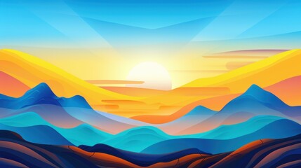 Discover a stunning flat illustration of a sunrise illuminating misty mountains, blending modern design with serene beauty.