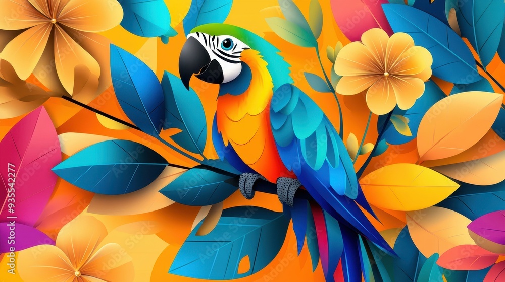 Poster Bright and colorful flat illustration of a Macaw brings vibrant nature vibes, ideal for home decor enthusiasts.