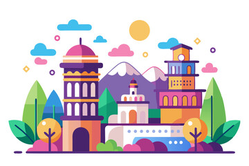 Obraz premium Colorful Illustration of a Cityscape with Buildings, Mountains, and Trees