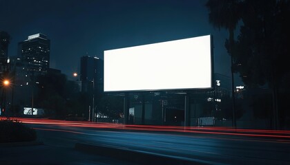 A blank white street billboard at night, with no text or images on the screen. 