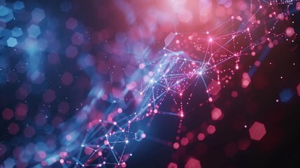 Obraz premium Digital abstract image represents interconnected network with hexagonal nodes and lines in red and blue on dark background, resembling internet or circuit board.