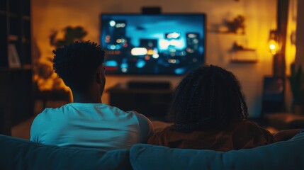 A diverse couple enjoys a cozy evening at home, relaxing on the couch while streaming a favorite show on their television