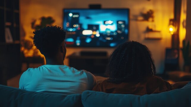 A diverse couple enjoys a cozy evening at home, relaxing on the couch while streaming a favorite show on their television