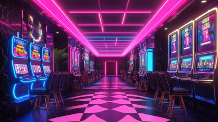 The interior of the hotel and casino retro arcade game room with slot machine and neon lights