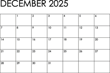 December 2025 month calendar. Simple black and white design