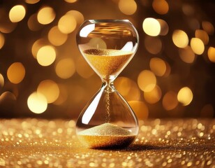 Golden Moments: Hourglass on Sparkling Surface with Bokeh Background
