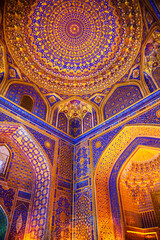 Interior of Tillya-Kari Madrasah. Details of the golden mosaic dome.