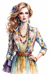 Obraz premium Elegant Fashion Illustration of a Stylish Woman in Watercolor