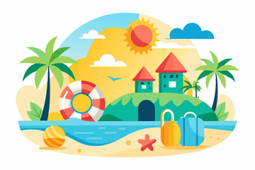 Obraz premium Summer Vacation Destination with Palm Trees, Houses, and Beach Accessories
