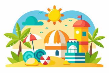 Obraz premium Beach Scene with Palm Trees, Sun, and Colorful Buildings