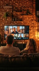 A couple relaxes together on their couch at home, streaming a show on the television and enjoying each other's company during the evening