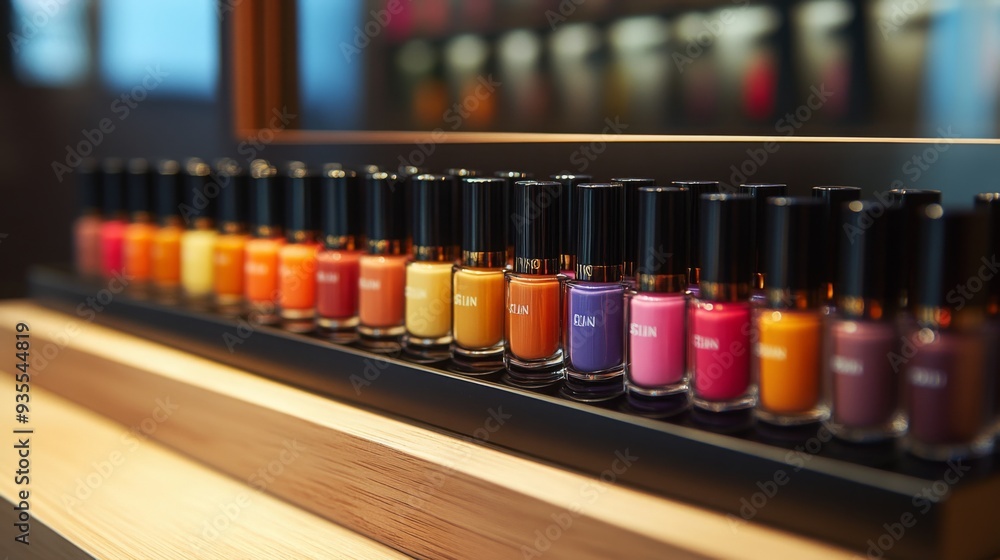 Poster a row of neatly arranged nail polish bottles showcases a vibrant spectrum of colors, highlighting sh