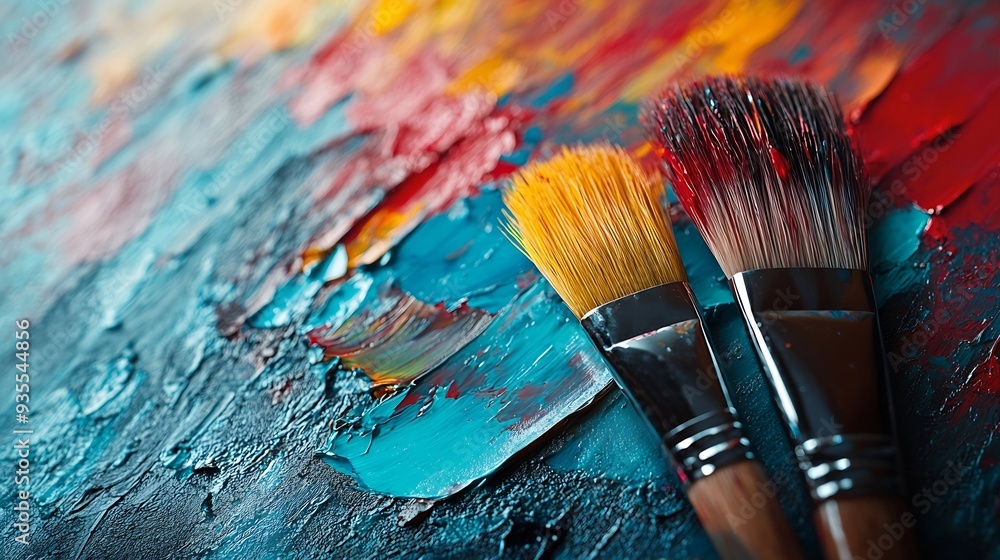 Poster Abstract artistic painting on canvas Brush and colors on the table : Generative AI