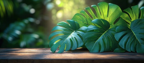 Tropical Leaves on Wooden Table