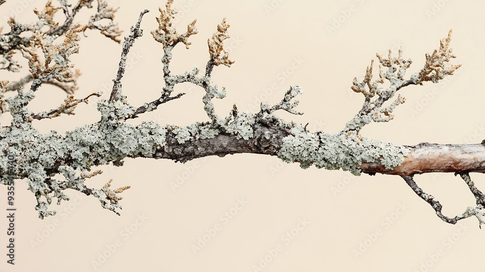 Poster abstract north nature scene with a composition of lichen pine branches and dry snags beige backgroun