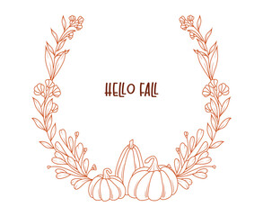 Line art autumn pumpkin wreath, line art drawing, botanical vector illustration, floral border to Thanksgiving Day