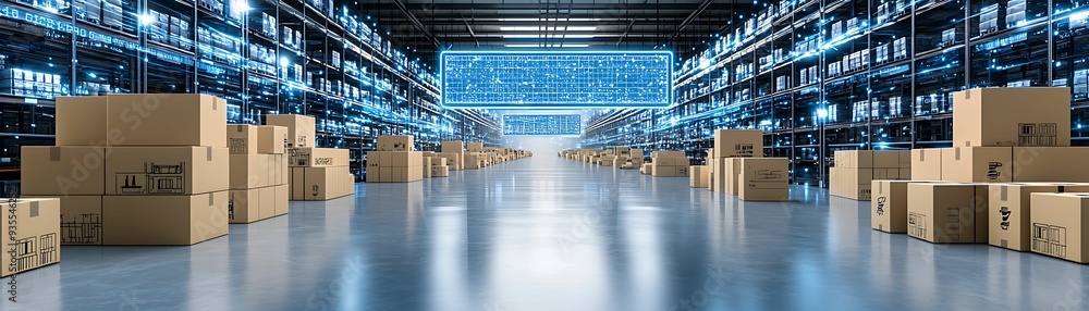Poster expansive warehouse with digital data streams overlaying rows of boxes and products, high-tech atmos