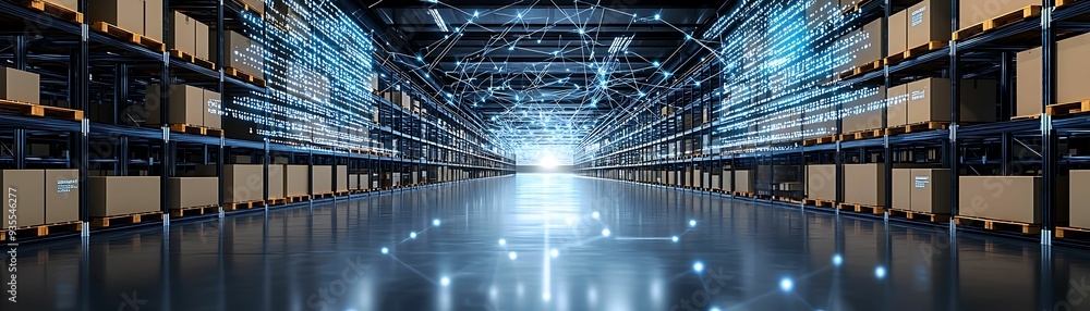 Poster expansive warehouse with digital data streams overlaying rows of boxes and products, high-tech atmos