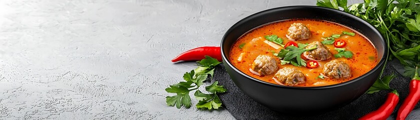 Hot and spicy soup with meatballs, garnished with fresh herbs and chilies, vibrant colors and rich textures, copy space for text,