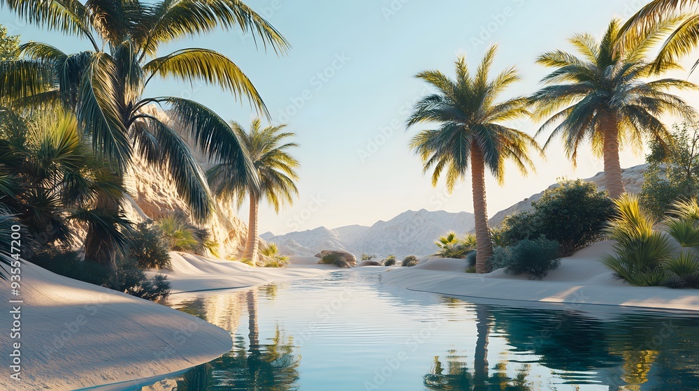 Poster 22. 3d visualization of a tranquil desert oasis with palm trees and a reflective water pool, rendere