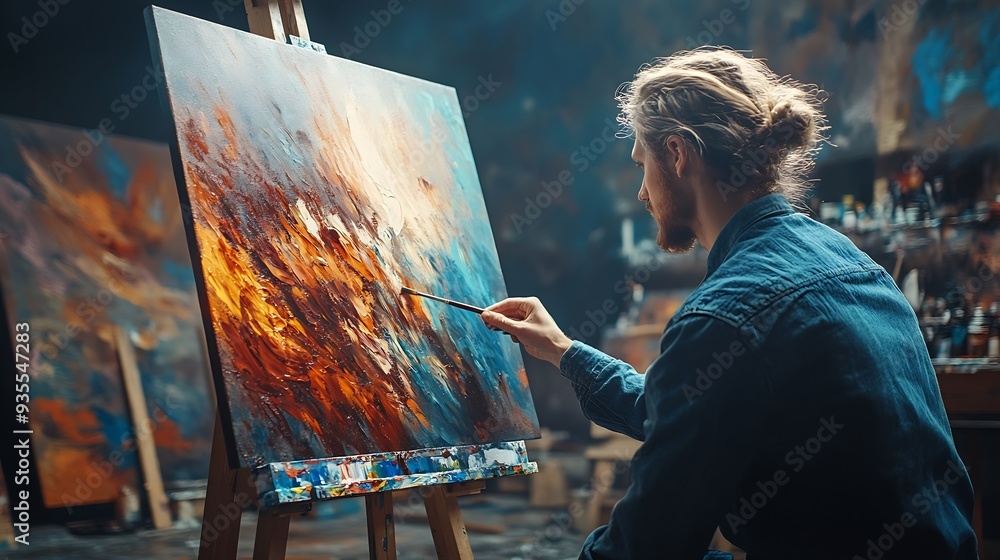 Poster Portrait of Artist Working on Abstract Painting Uses Paint Brush To Create Daringly Emotional Modern Picture Dark Creative Studio Large Canvas Stands on Easel Illuminated Side View Clo : Generative AI