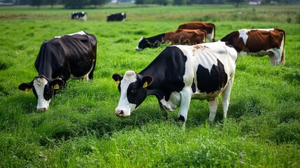 Obraz premium Cows Grazing in a Lush Green Meadow