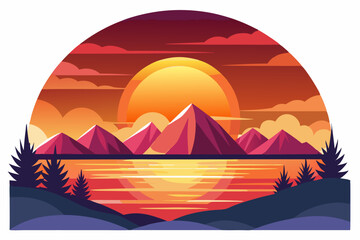 Obraz premium Sunset Over Mountains and a Calm Lake with Silhouette Trees