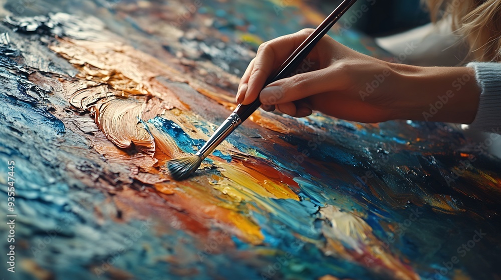 Poster a painter with very delicate hands is mixing paint on her colour palette and painting it onto a larg