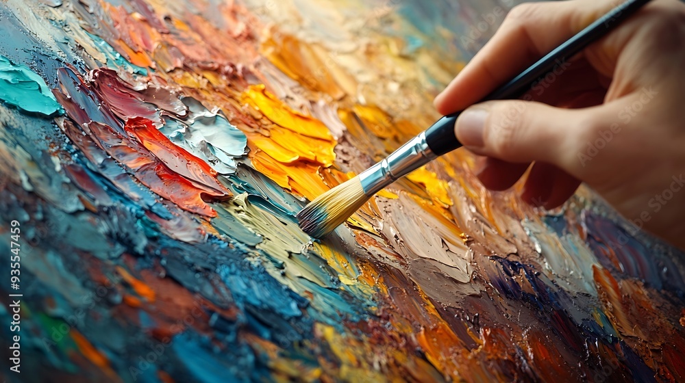 Poster artists hand with paintbrush on canvas closeup of an artists paintcovered hand as they apply vibrant